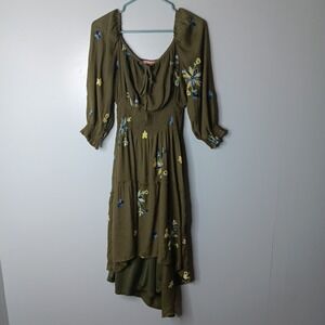 Olive Hill Virginia High Low Peasant Dress Women Size L Green Floral Embroidered
